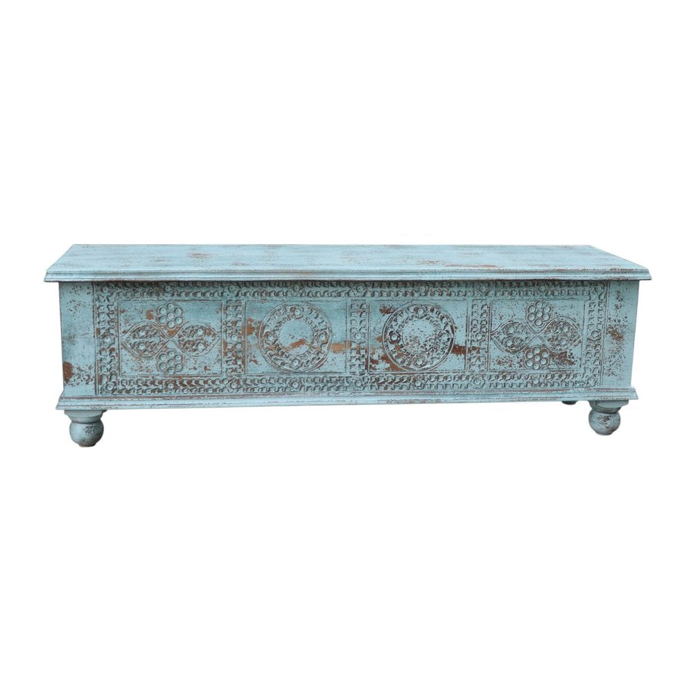 54" Aqua Carved And Distressed Solid Wood Lift Top Coffee Table