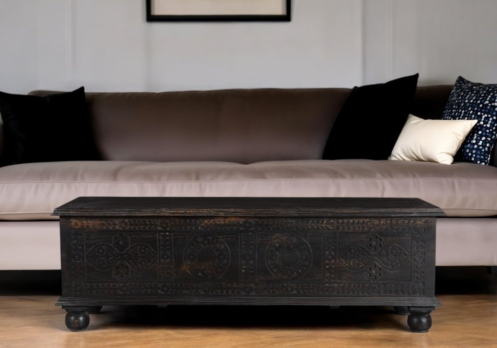 54" Black Solid Wood Distressed Lift Top Solid Coffee Table