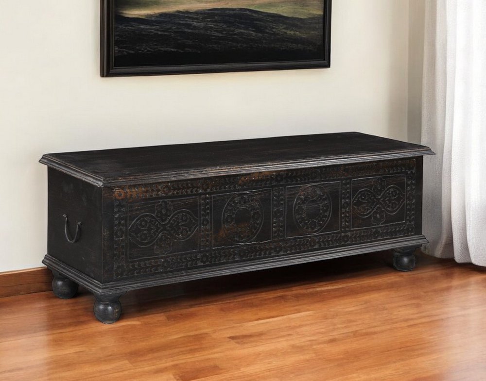 54" Black Solid Wood Distressed Lift Top Solid Coffee Table