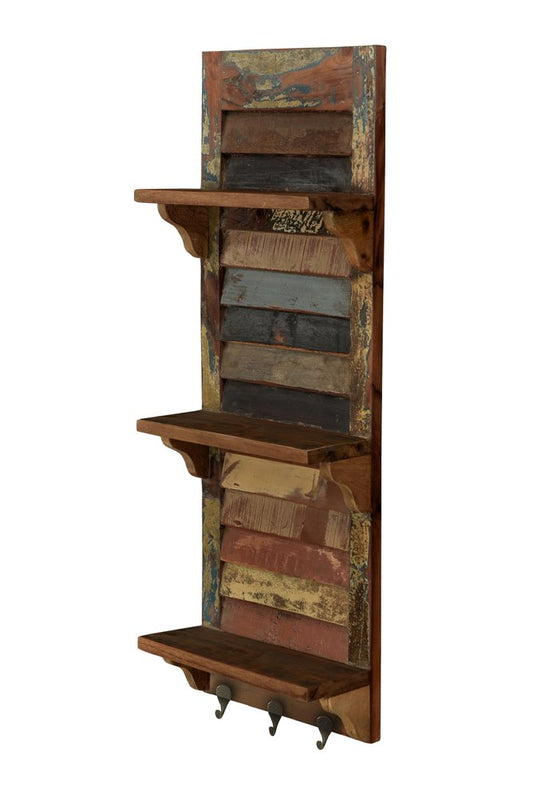 34" Brown And Multi Patina Reclaimed Wood Wall Mounted Shelf With Hooks