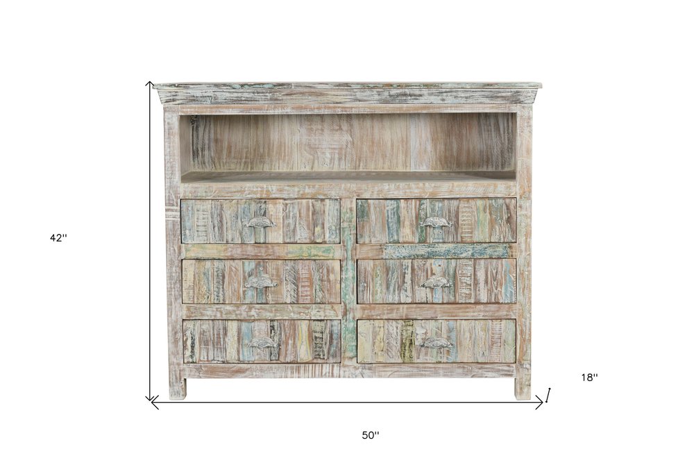 50" White Distressed Reclaimed Wood Open And Enclosed Storage Entertainment Center