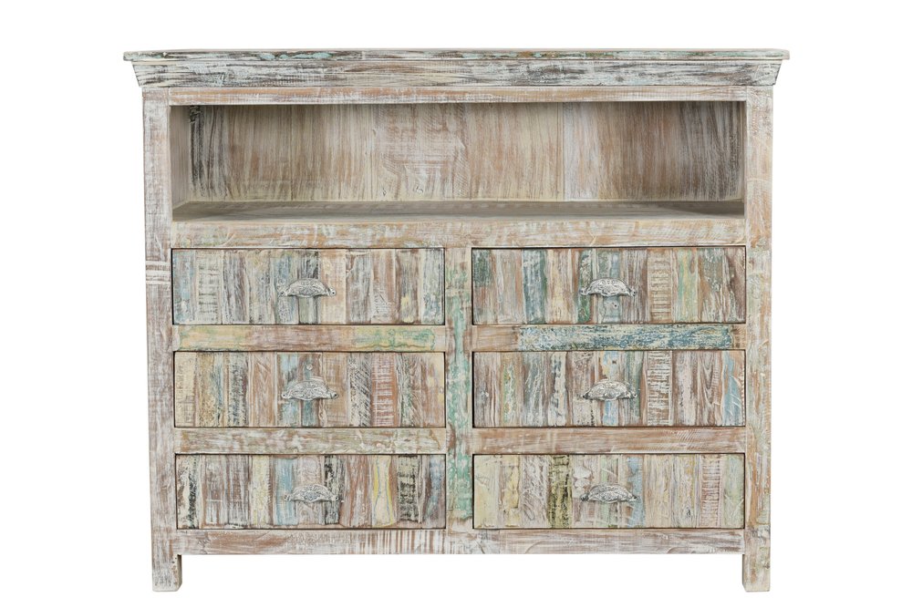 50" White Distressed Reclaimed Wood Open And Enclosed Storage Entertainment Center