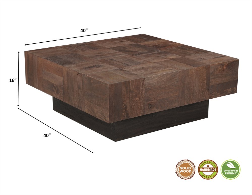 40" Dark Brown and Black Solid Wood Square Block Coffee Table