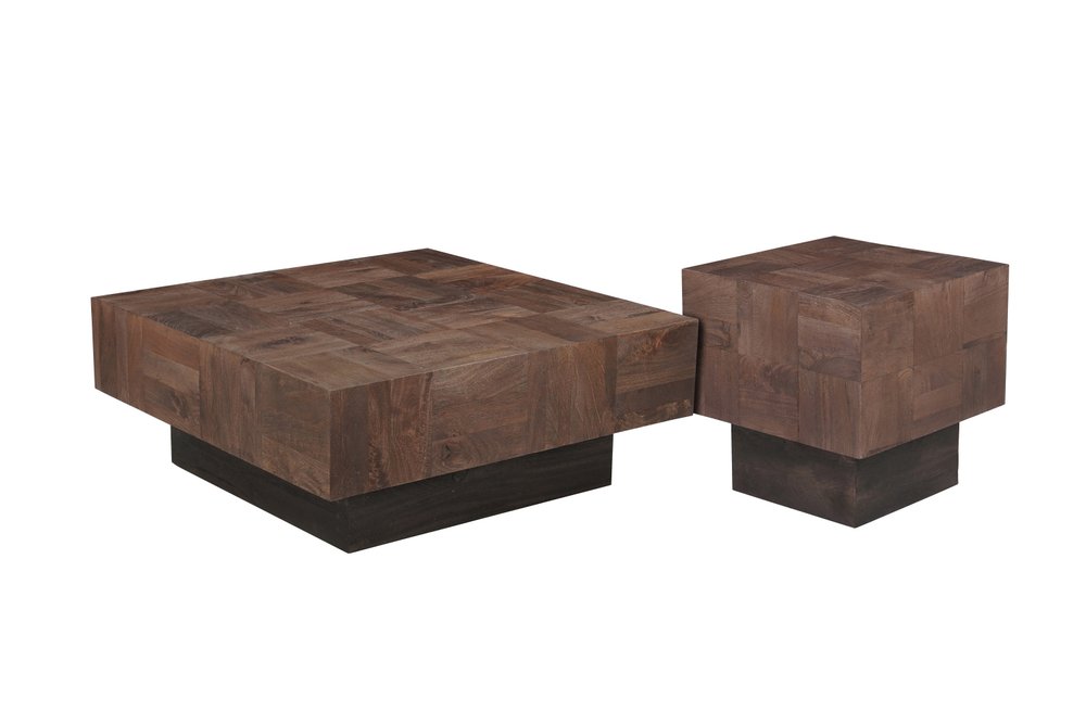 40" Dark Brown and Black Solid Wood Square Block Coffee Table