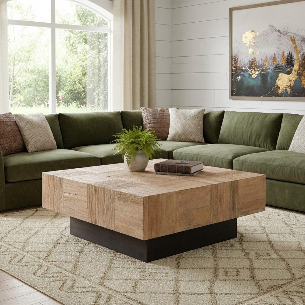 40" Brown and Black Solid Wood Square Block Coffee Table