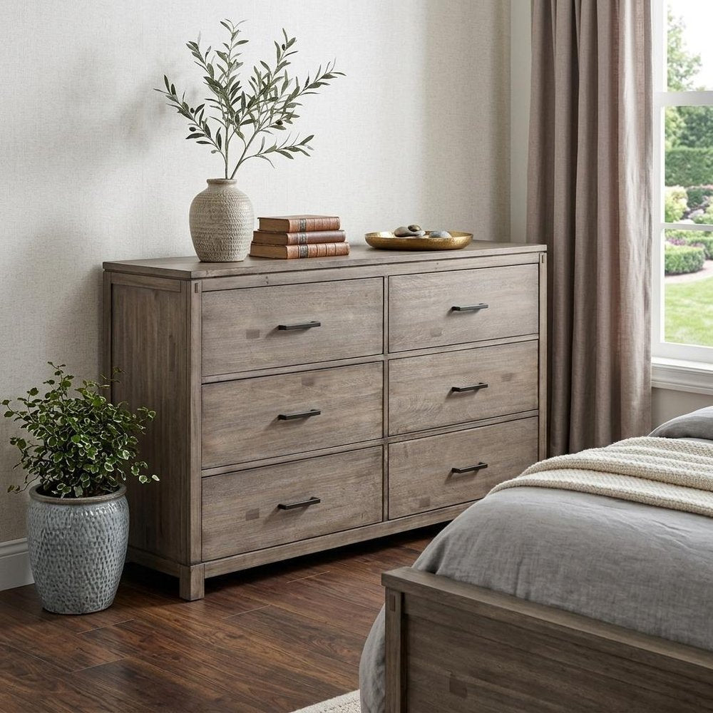 60" Gray Solid Wood Six Drawer Double Dresser