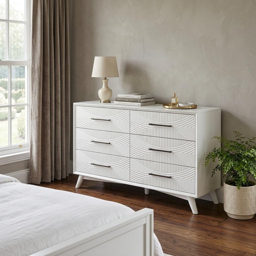 56" White Solid Wood Six Drawer Double Dresser