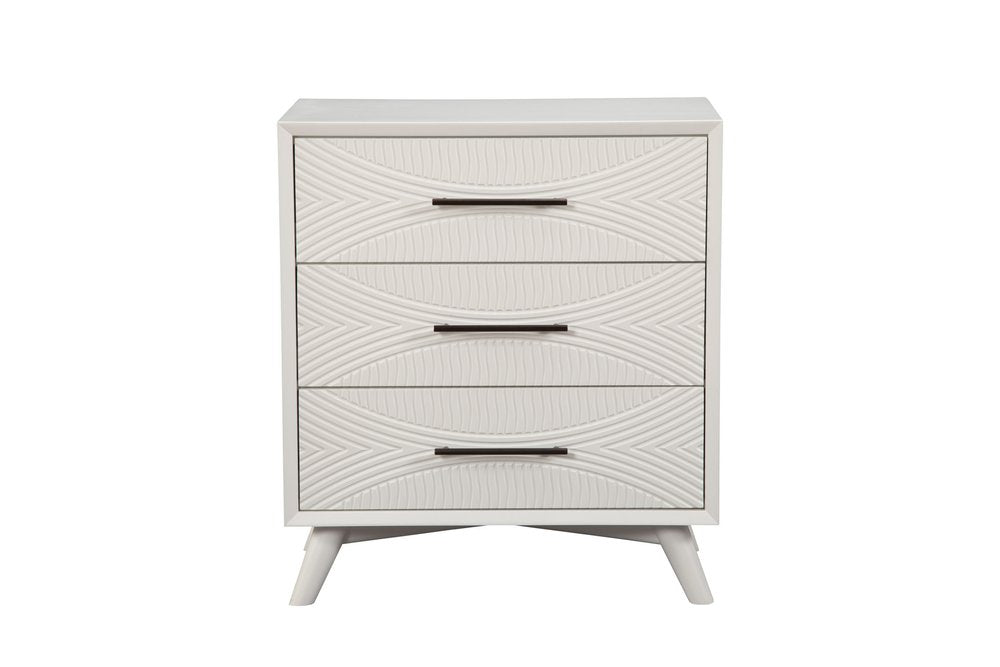 34" White Carved Geometric Solid Wood Three Drawer Dresser