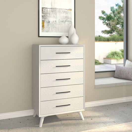 34" White Carved Geometric Solid Wood Five Drawer Dresser