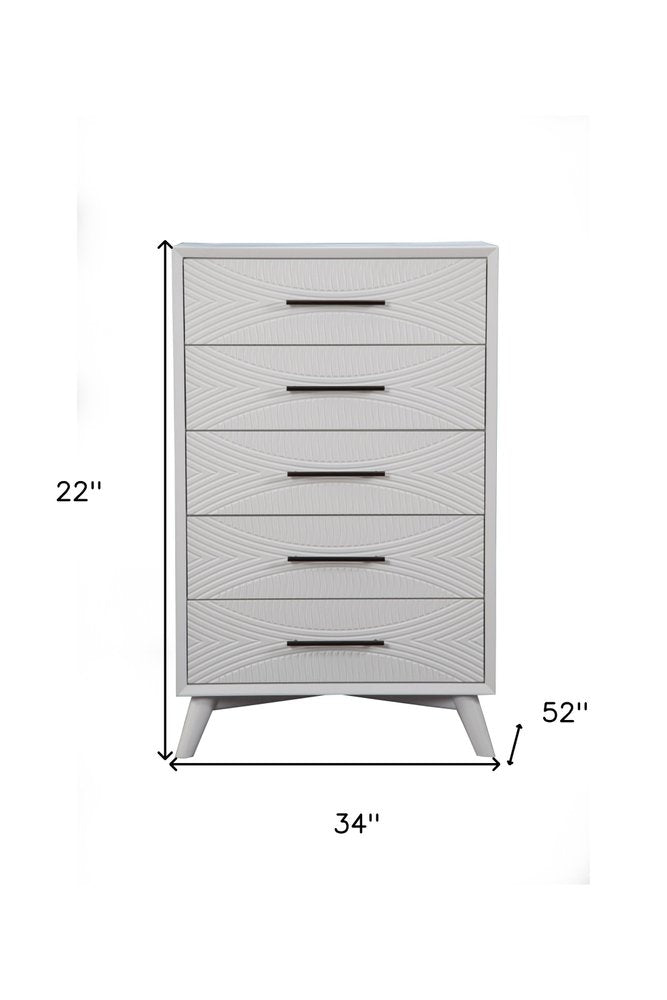 34" White Carved Geometric Solid Wood Five Drawer Dresser