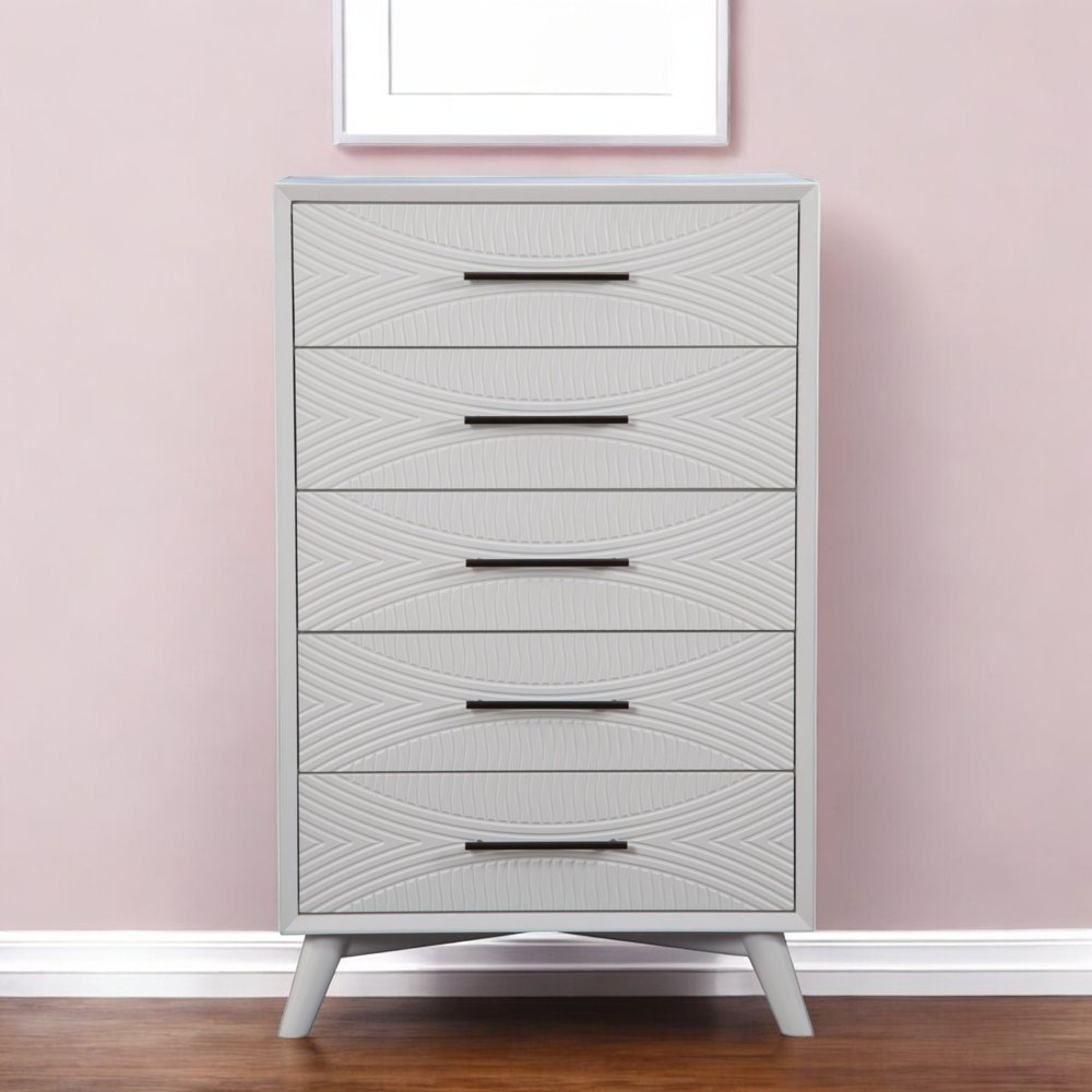 34" White Carved Geometric Solid Wood Five Drawer Dresser