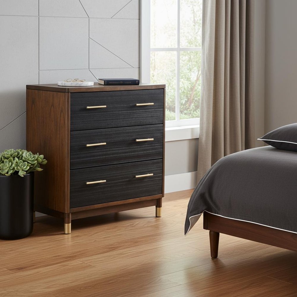 37" Brown And Black Solid Wood Three Drawer Dresser