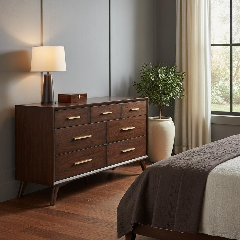 60" Walnut Solid Wood Seven Drawer Double Dresser