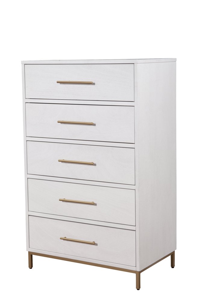 30" White Solid Wood Five Drawer Dresser