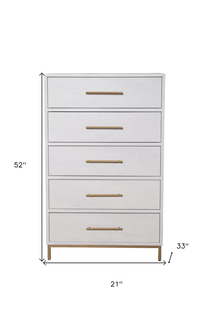 30" White Solid Wood Five Drawer Dresser