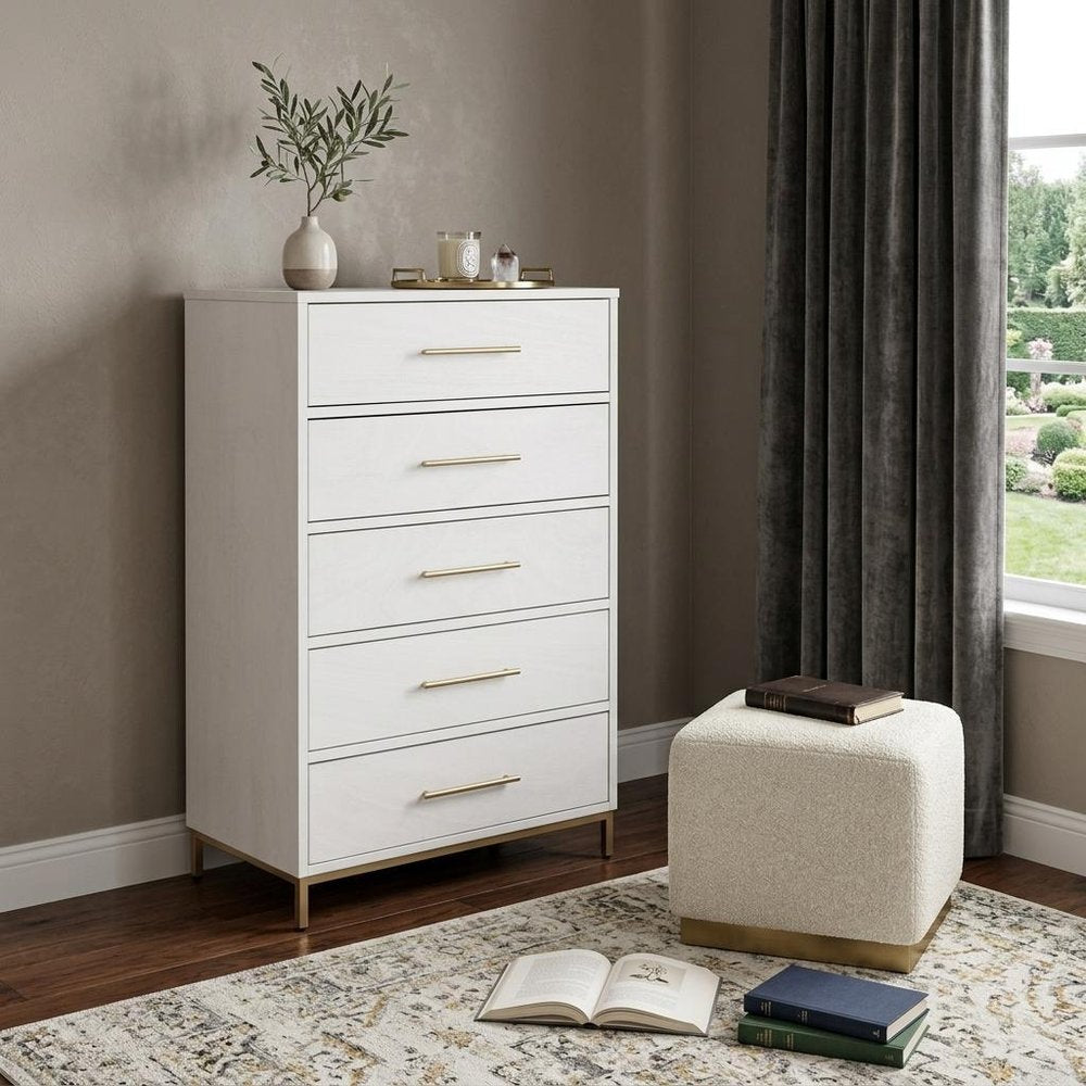 30" White Solid Wood Five Drawer Dresser