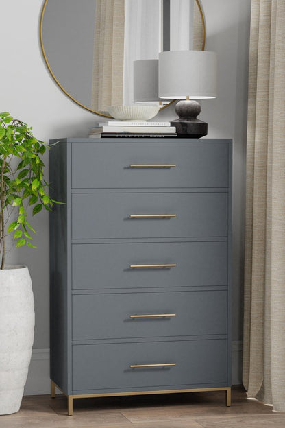 33" Gray Solid Wood Five Drawer Dresser