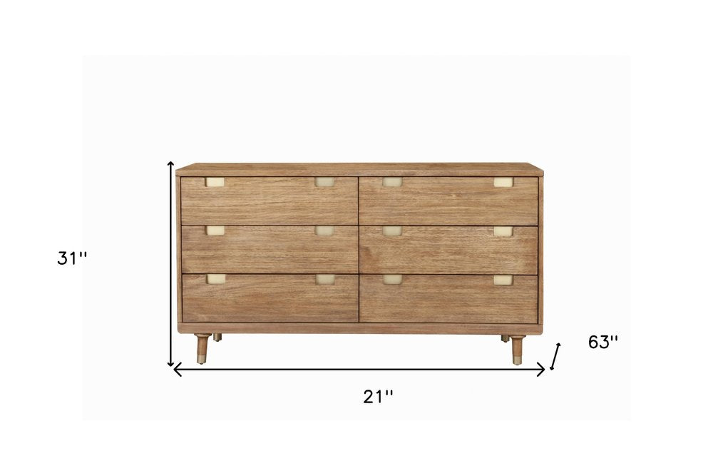 60" Brown Solid Wood Six Drawer Double Dresser