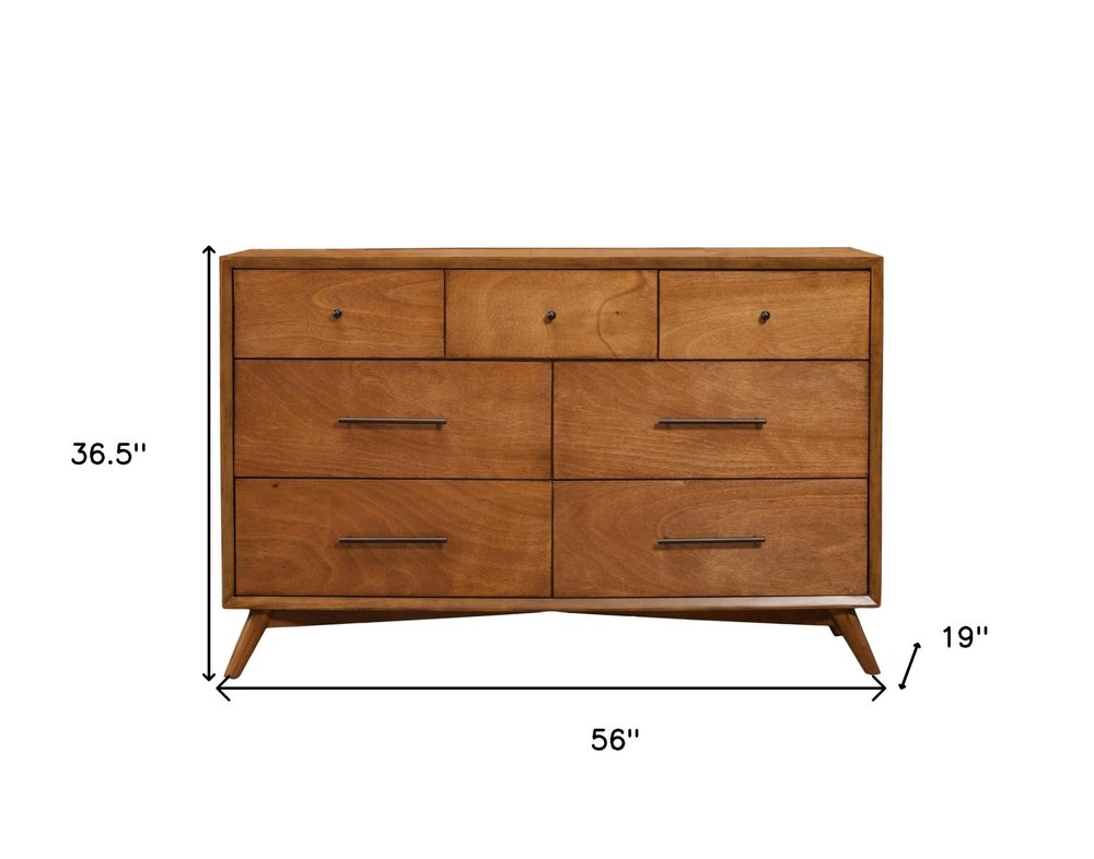56" Brown Solid Wood Seven Drawer Double Dresser
