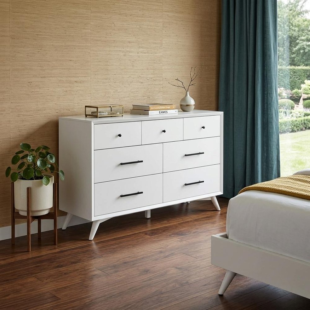 56" White Solid Wood Seven Drawer Double Dresser
