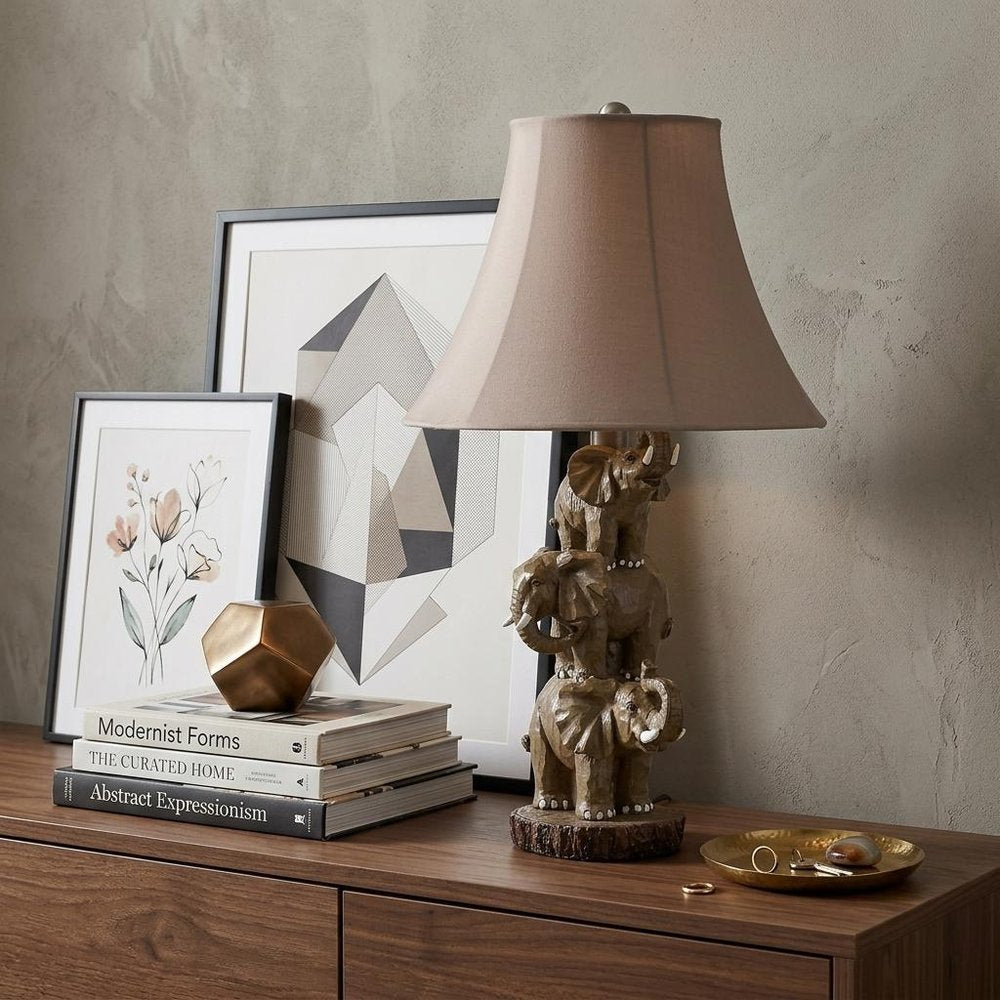 21" Brown Elephant Trio Table Lamp With Brown Bell Shade