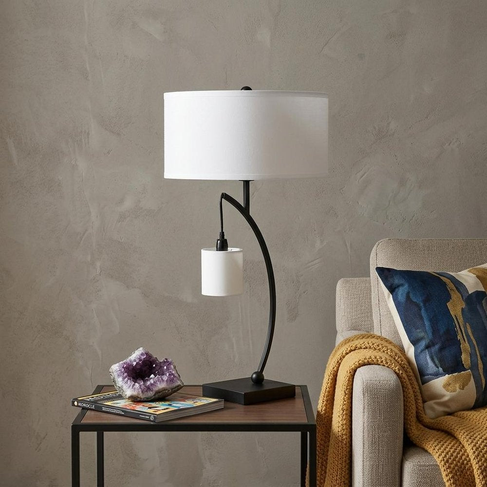 29" Black Metal Two Light Arched Table Lamp With White Drum Shade
