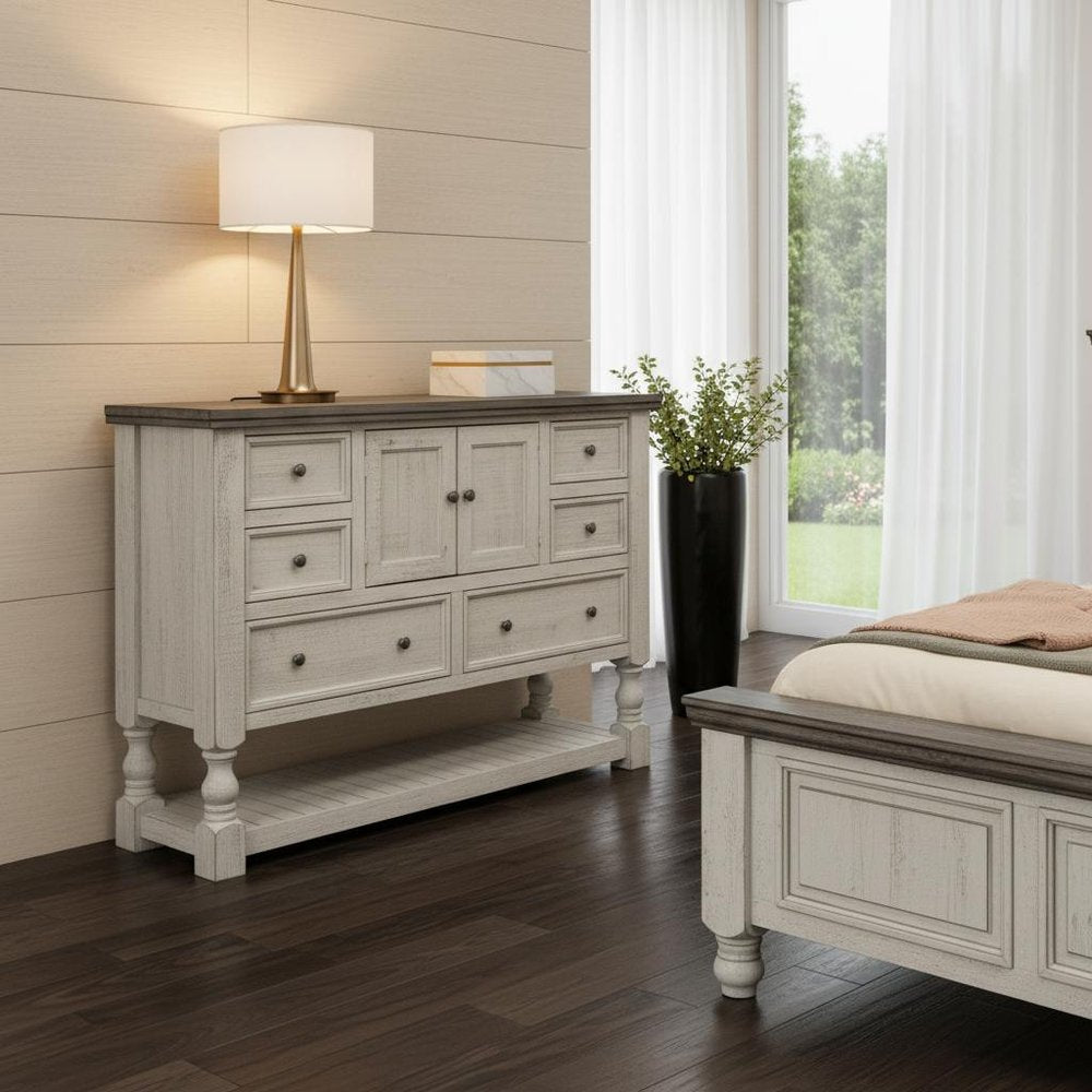 62" Gray and Ivory Solid Wood Six Drawer Triple Dresser