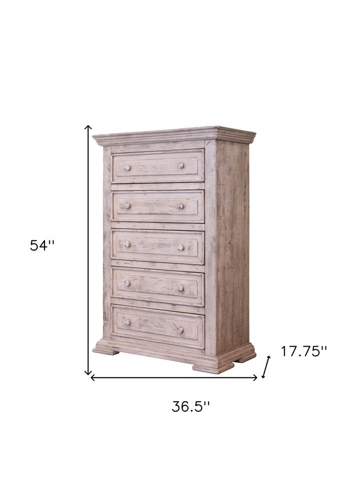 37" White Solid Wood Five Drawer Dresser