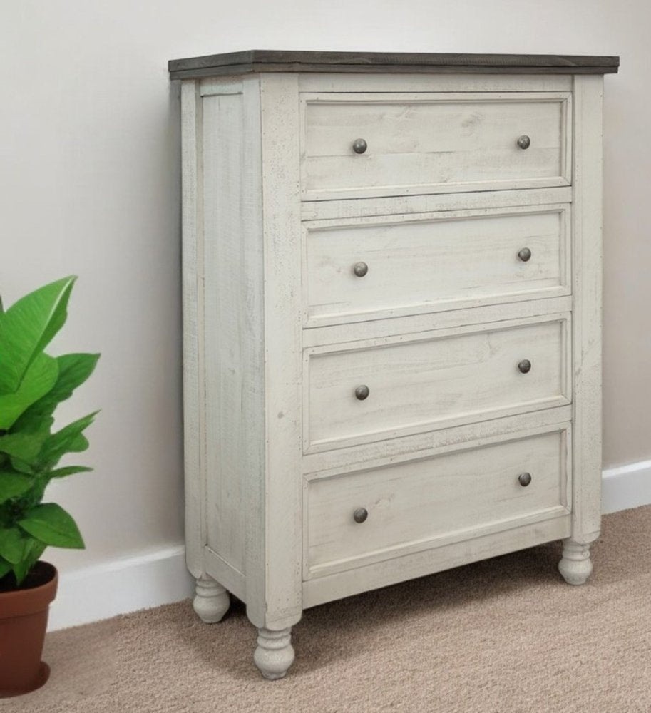 55" Gray and Ivory Solid Wood Five Drawer Gentlemans Chest