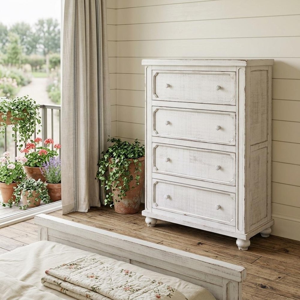 37" Antiqued White Solid Wood Four Drawer Dresser