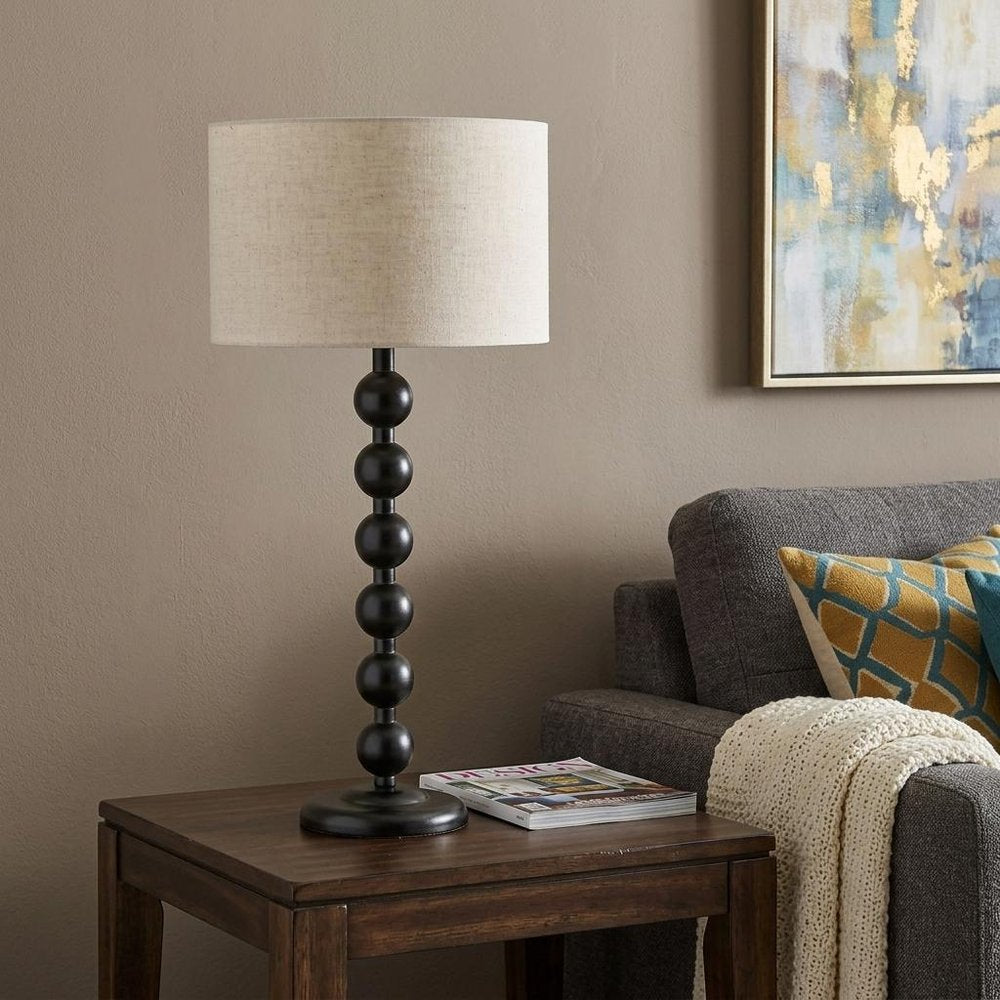 28" Black Solid Wood Candlestick Table Lamp With Off White Drum Shade