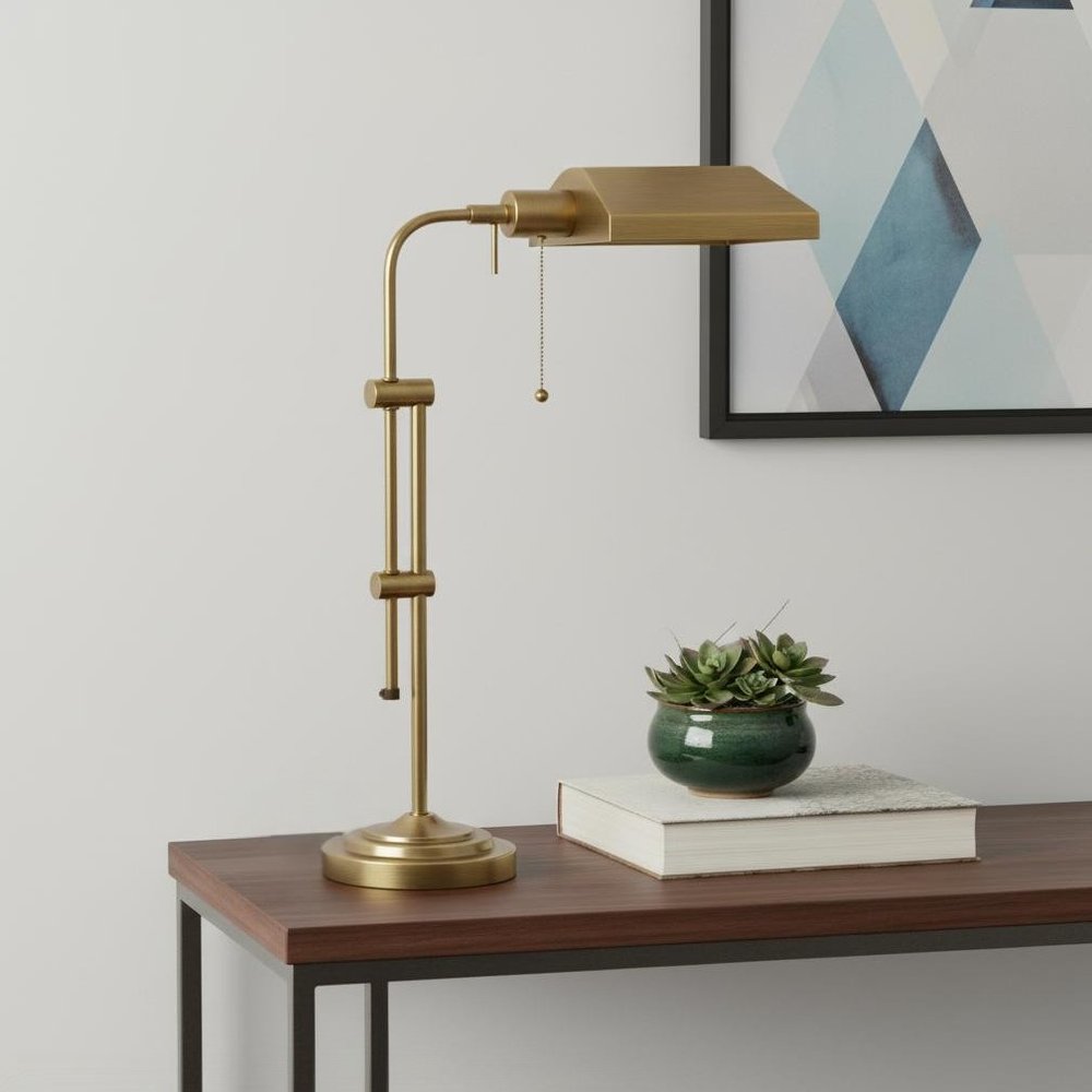 26" Bronze Metal Adjustable Table Lamp With Antiqued Brass Rectangular Shade
