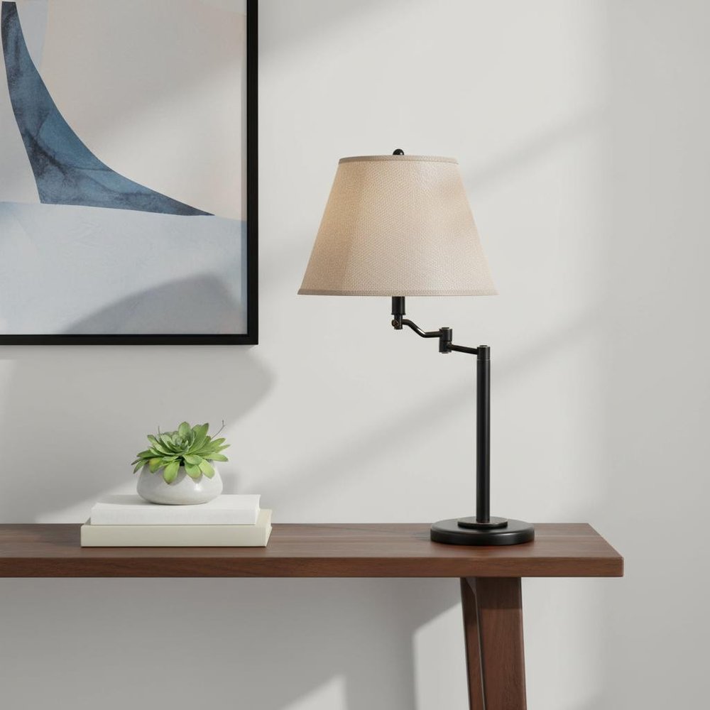 29" Bronze Metal Swing Arm Table Lamp With Off White Empire Shade