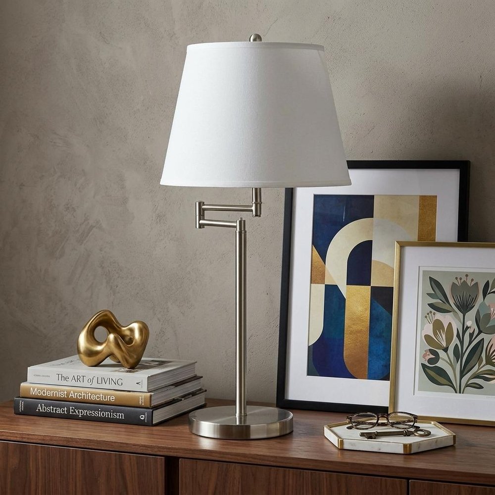 28" Nickel Metal Table Lamp With Off White Empire Shade