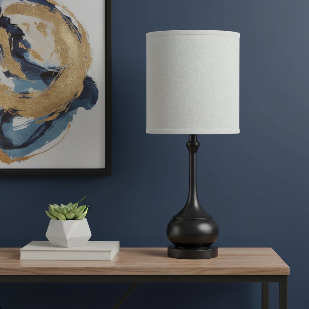 25" Blackened Bronze Metal Round Table Lamp With Off White Drum Shade