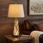 30" Brown Metal Two Light Table Lamp With Brown Empire Shade