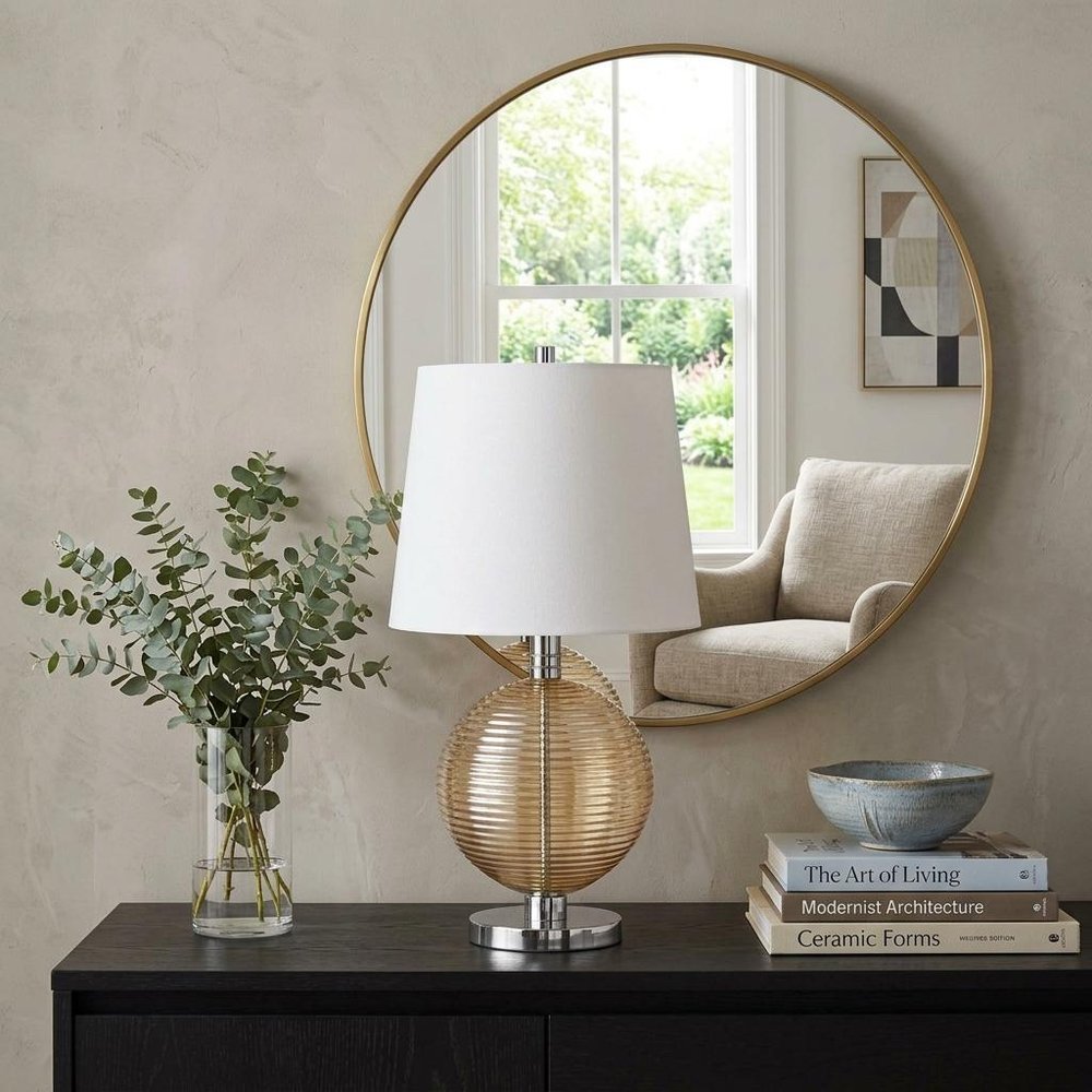 28" Nickel Metal Globe Table Lamp With White Empire Shade