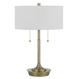20" Antiqued Brass Metal Two Light Table Lamp With White Drum Shade