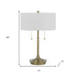 20" Antiqued Brass Metal Two Light Table Lamp With White Drum Shade