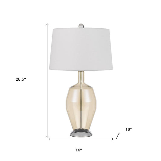 29" Nickel Metal Round Table Lamp With White Drum Shade