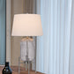33" Nickel Glass Round Table Lamp With White Empire Shade