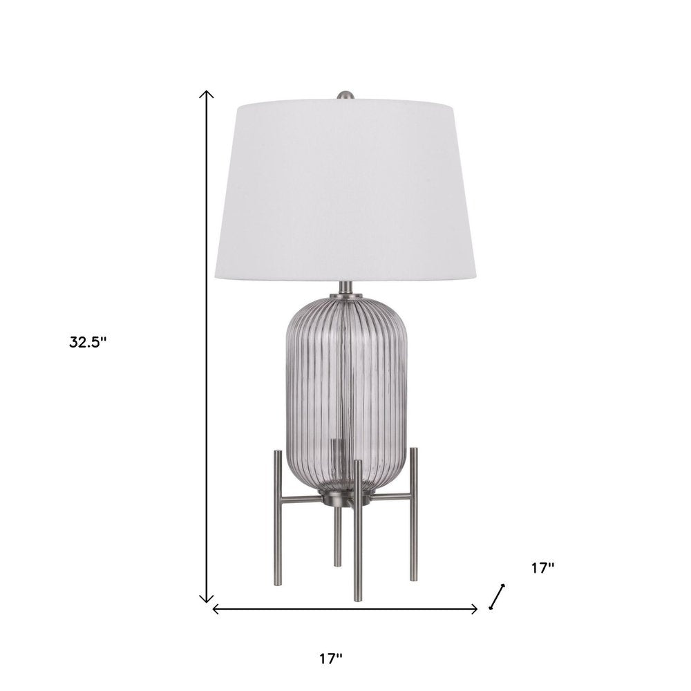 33" Nickel Glass Round Table Lamp With White Empire Shade