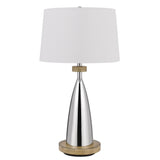 31" Brown Metal Geometric USB Table Lamp With White Empire Shade