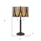 24" Bronze Metal Two Light Table Lamp With Red And Ivory Drum Shade