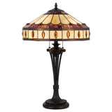 26" Black Metal Two Light Candlestick Table Lamp With Ivory and Red Dome Shade