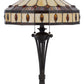 26" Black Metal Two Light Candlestick Table Lamp With Ivory and Red Dome Shade