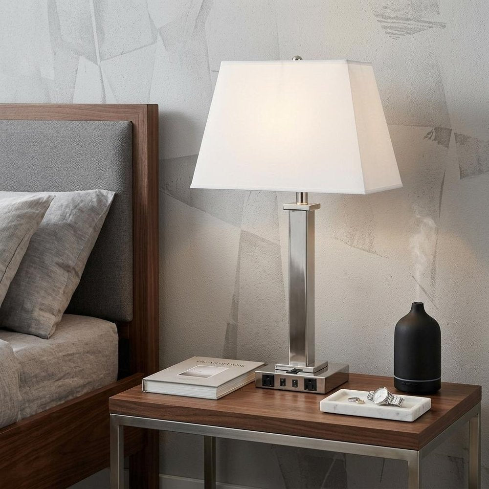 28" Nickel Metal USB Table Lamp With White Shade