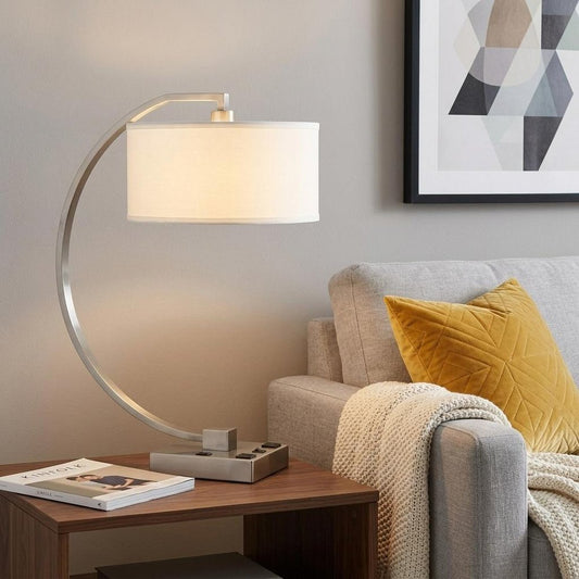 26" Nickel Metal Lantern Desk USB Table Lamp With White Shade