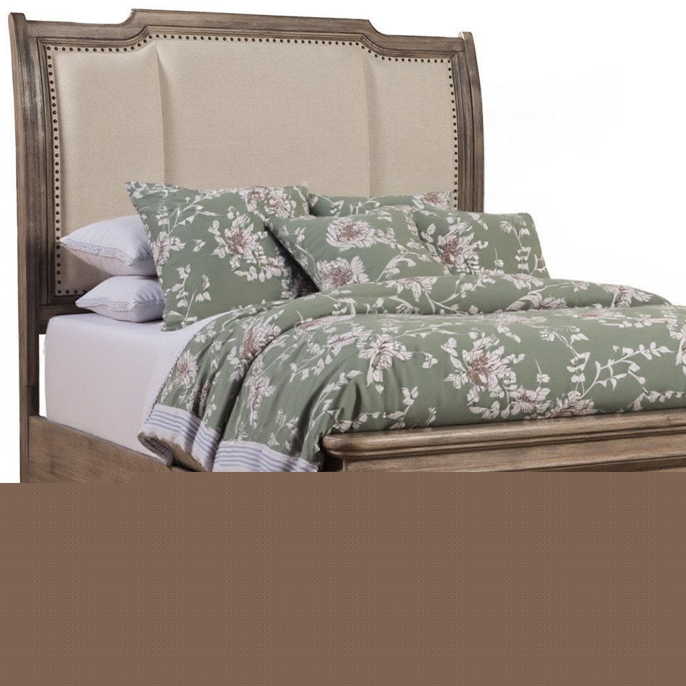 Brown and Beige Distressed Solid Wood And Faux Leather Queen Bed Frame with Nailhead Trim
