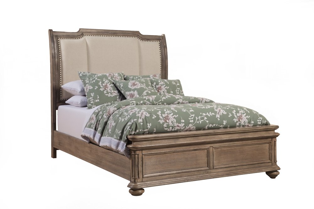 Brown and Beige Distressed Solid Wood And Faux Leather California King Bed Frame with Nailhead Trim
